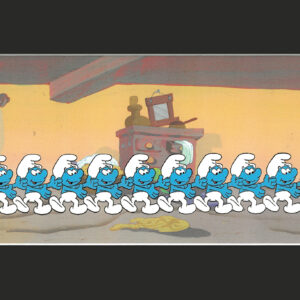 A Smurfs Original Production Cel with 9 Smurfs Hanna-Barbera Seal -Matted