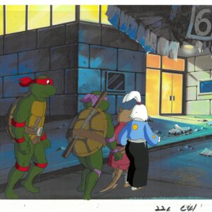 A TMNT Original Production Cel with Donatello, Raphael, Leonardo, Miyamoto Usagi and Splinter (MWS Seal)