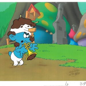 A Harmony Smurf Original Production Cel with Matching Drawing and Hanna-Barbera Seal