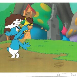 A Harmony Smurf Original Production Cel with Matching Drawing and Hanna-Barbera Seal