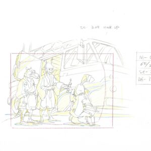 A TMNT Original Production Drawing - Miyamoto Usagi, Splinter, Michelangelo, TMNT Van