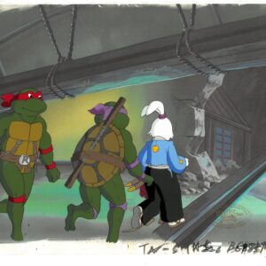A TMNT Original Production Cel with Miyamoto Usagi, Raphael & Donatello (Official MWS Seal)