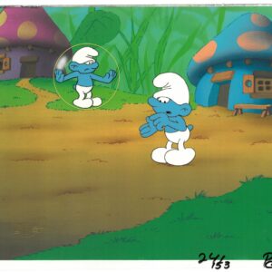 A Smurfs Original Multi-Cel Production Set-Up of Clumsy with Hanna Seal
