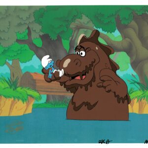 A Smurfs Original Production Cel of Clumsy with Hanna Seal