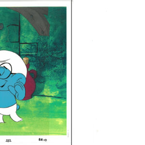 A Smurfs Original Production Cel with Matching Drawing of Brainy Smurf with Official Hanna-Barbera Seal