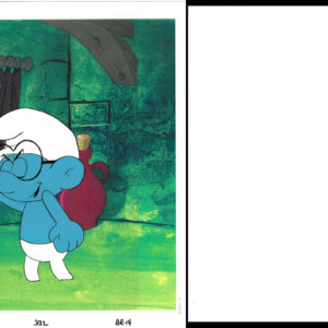 A Smurfs Original Production Cel with Matching Drawing of Brainy Smurf with Official Hanna-Barbera Seal